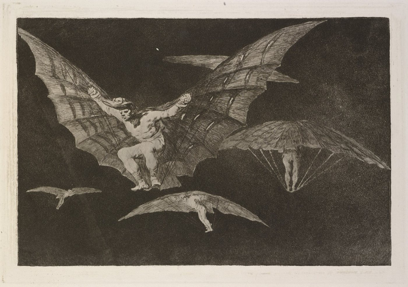 Goya's etching Modo de volar: a man strapped into huge bat-like wings soars through a black sky while smaller winged figures glide below him.